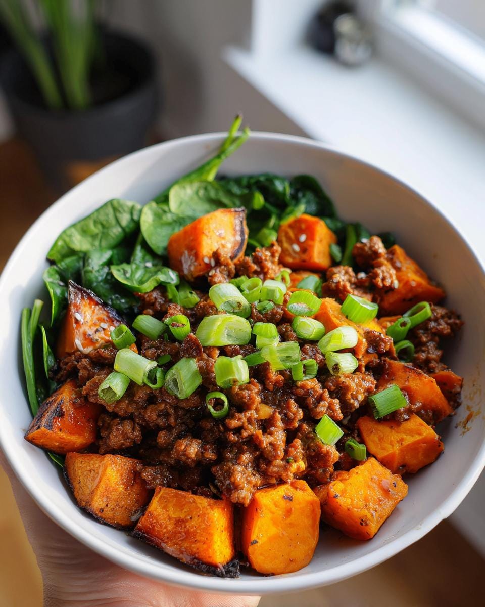 A close-up of a sweet potato ground beef protein bowl, featuring roasted sweet potato cubes, seasoned ground beef, and fresh spinach, topped with chopped green onions.