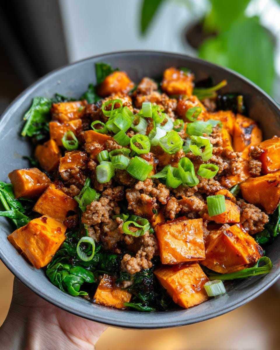 Close-up of a sweet potato ground beef protein bowl with spinach and green onions.