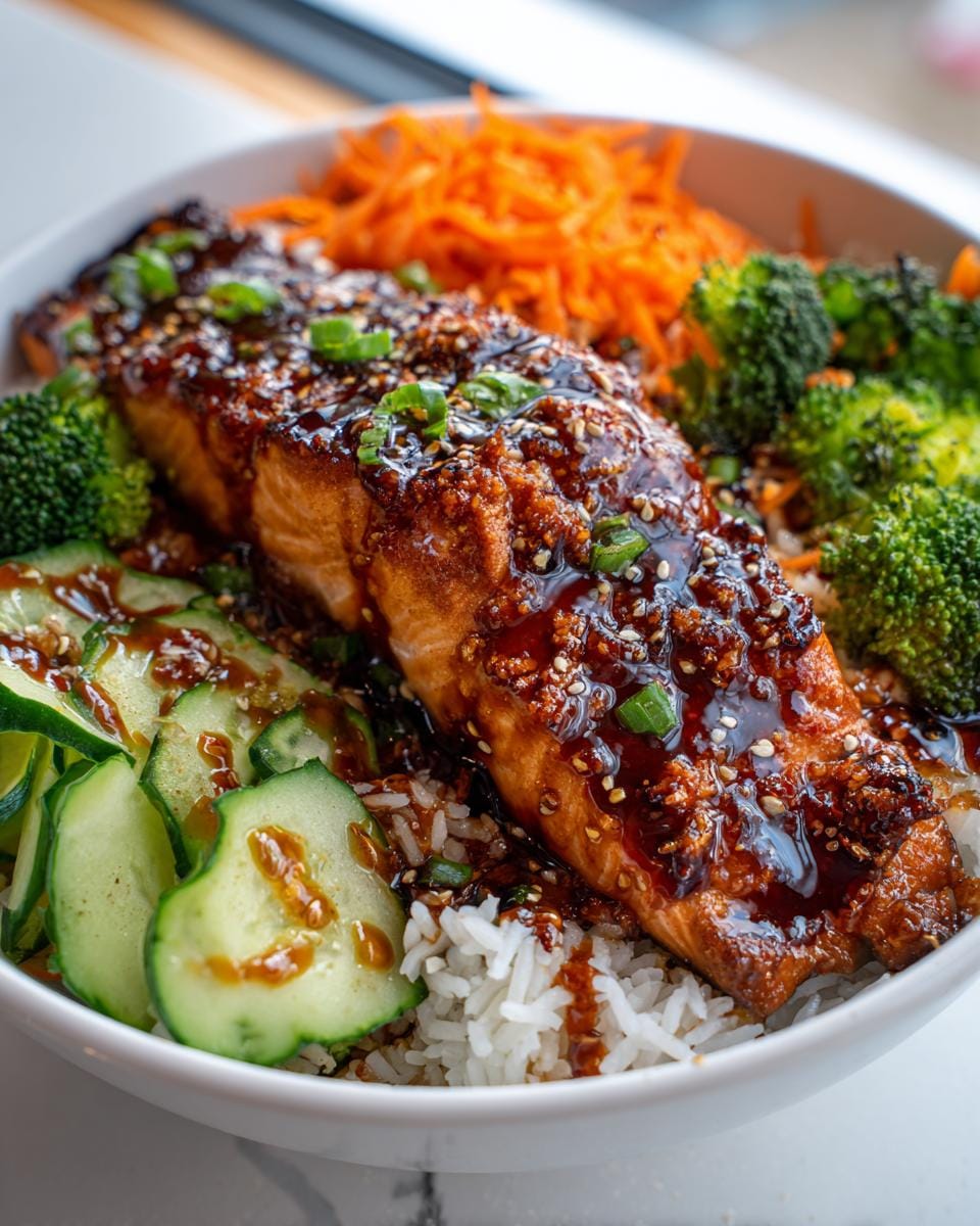 A close-up of a teriyaki salmon bowl featuring a glazed salmon fillet over rice, with broccoli, shredded carrots, and cucumber slices.