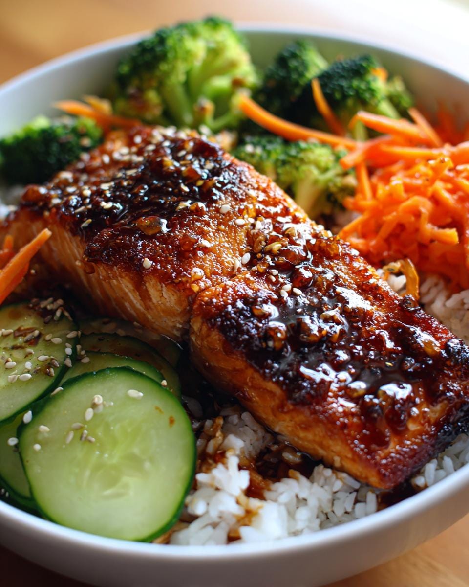 Close-up of a teriyaki salmon bowl featuring a glazed salmon fillet, rice, broccoli, shredded carrots, and cucumber slices.