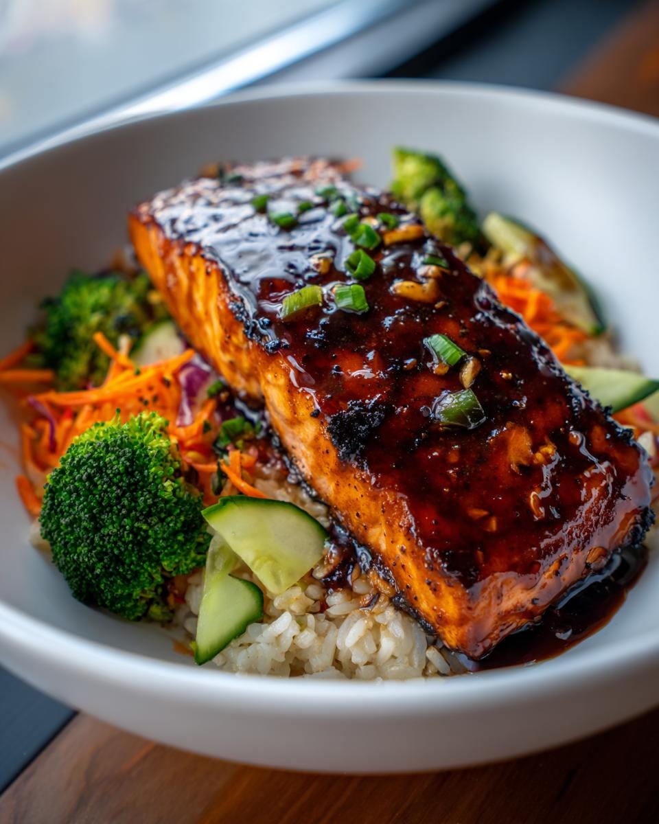 A close-up of a teriyaki salmon bowl featuring a glazed salmon fillet over rice with broccoli, carrots, and cucumber.