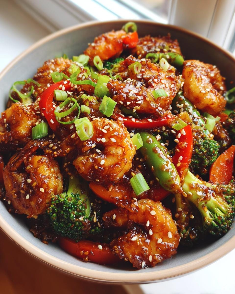 A close-up of a bowl filled with glistening teriyaki shrimp stir fry, featuring shrimp, broccoli, red peppers, and green onions.