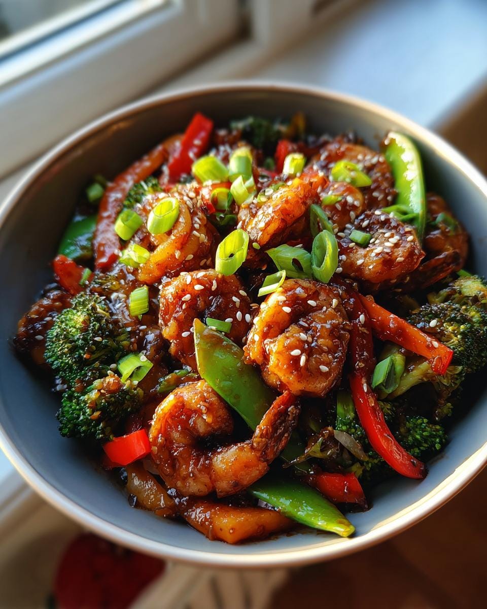 A close-up of a bowl filled with teriyaki shrimp stir fry, featuring plump shrimp, broccoli, snap peas, and red bell peppers, garnished with sesame seeds and green onions.