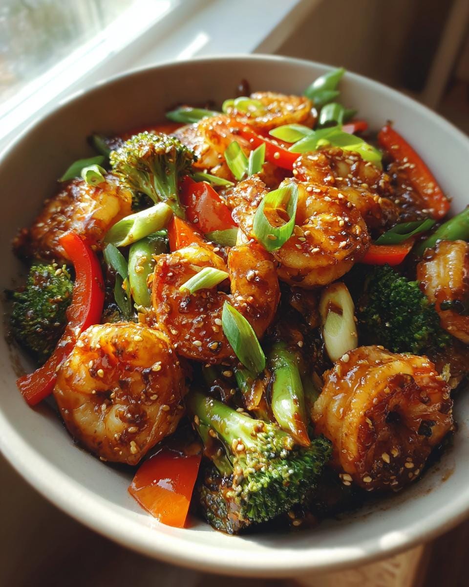 A close-up of a bowl filled with teriyaki shrimp stir fry, featuring plump shrimp, broccoli, red bell peppers, and green onions.