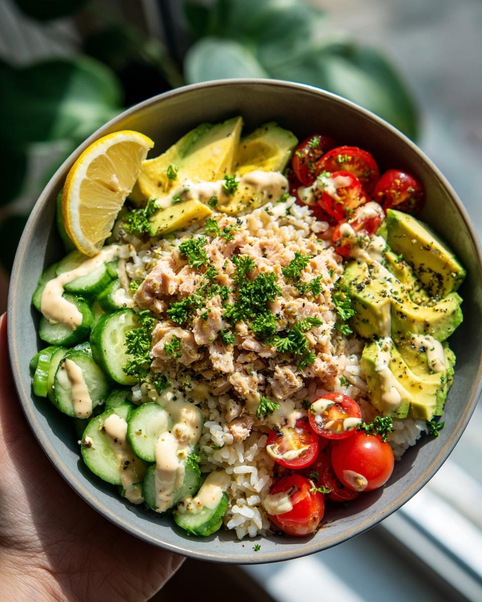 A vibrant tinned fish protein bowl featuring rice, flaked tinned fish, avocado slices, cucumber, cherry tomatoes, and a lemon wedge.