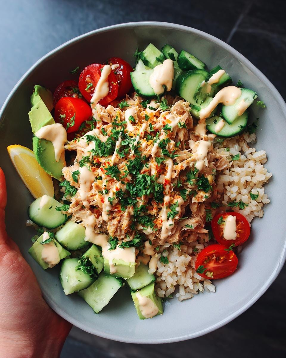 A vibrant tinned fish protein bowl filled with rice, flaked tinned fish, avocado, cucumber, cherry tomatoes, and a creamy dressing.