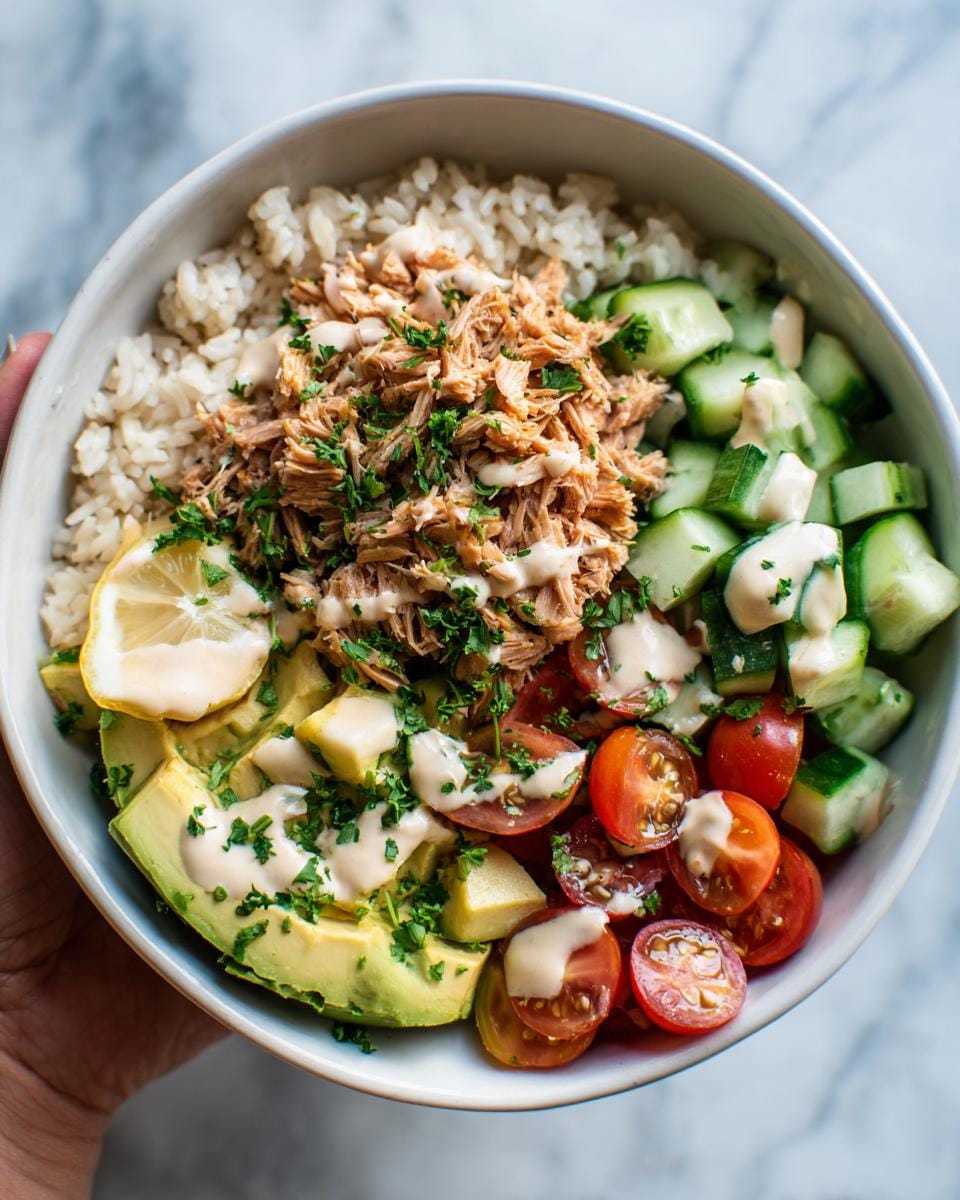 A vibrant tinned fish protein bowl featuring rice, tinned fish, avocado, cherry tomatoes, cucumber, and a creamy dressing.