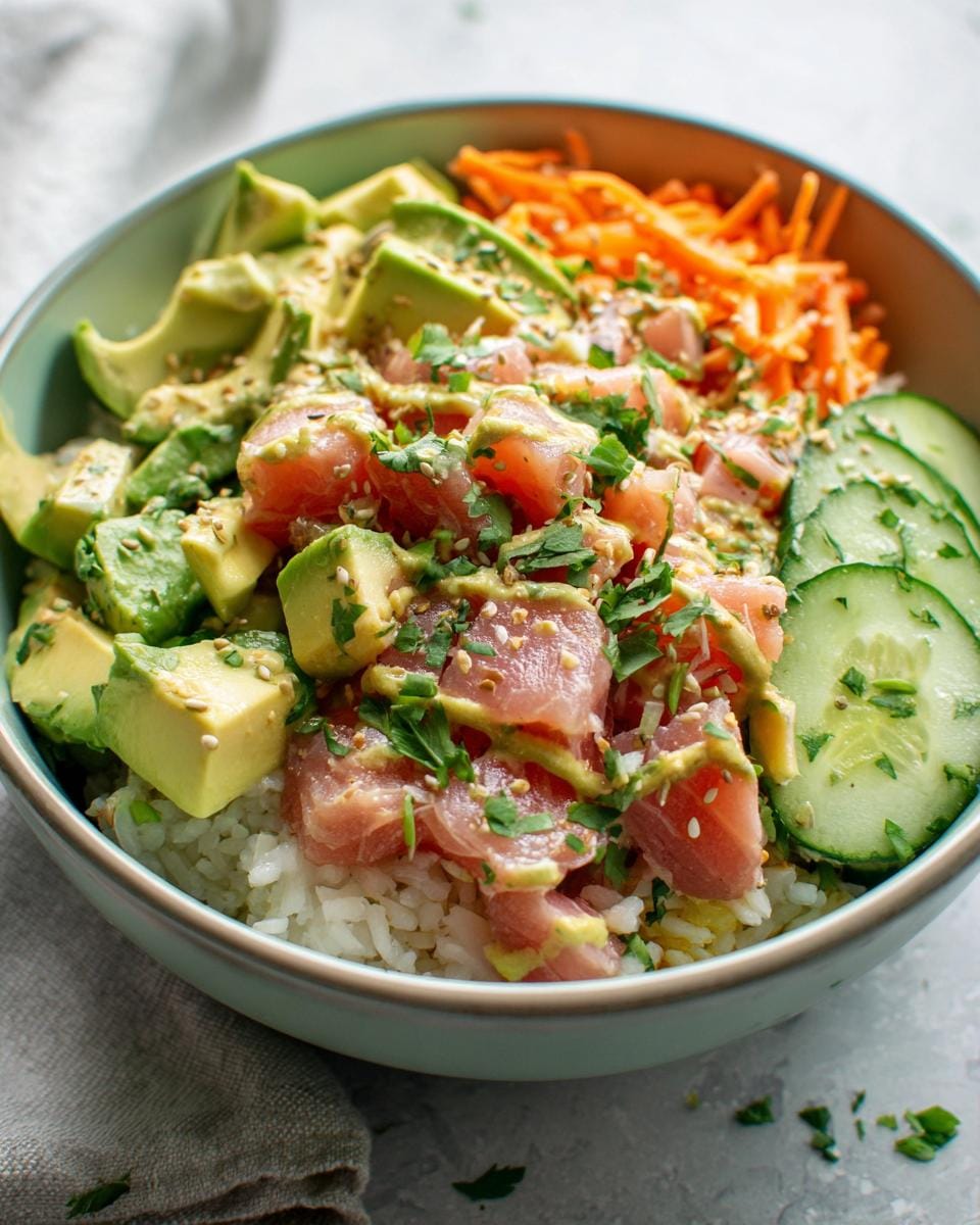 Close-up of a vibrant tuna avocado bowl with rice, fresh tuna cubes, sliced avocado, cucumber, and shredded carrots.
