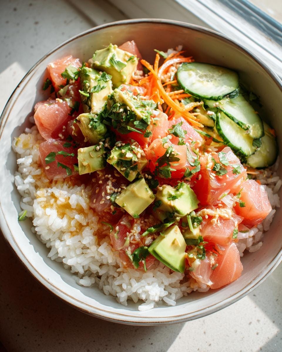 A vibrant tuna avocado bowl with sushi rice, diced tuna, avocado, cucumber, and shredded carrots.