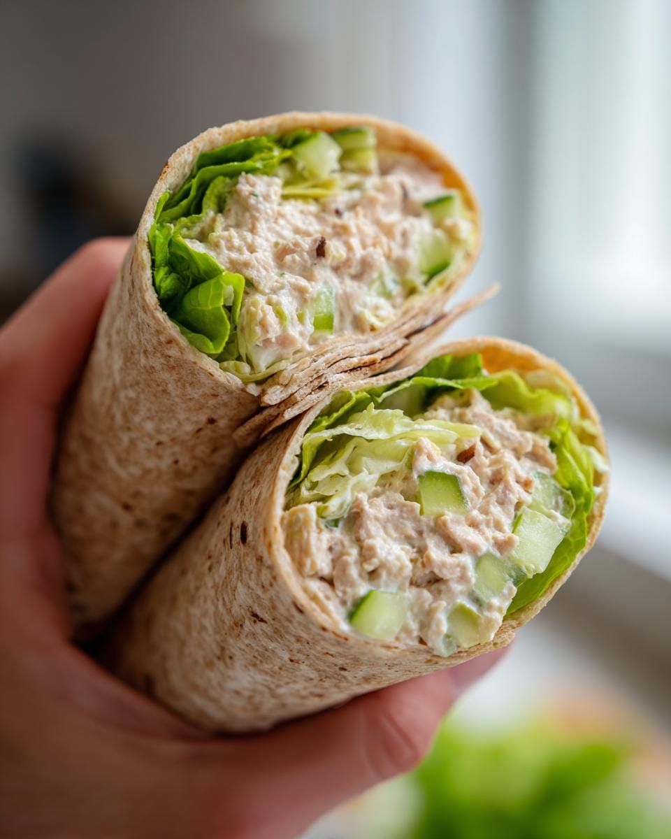 Close-up of a tuna cottage cheese wrap, sliced in half, revealing fresh lettuce and cucumber.