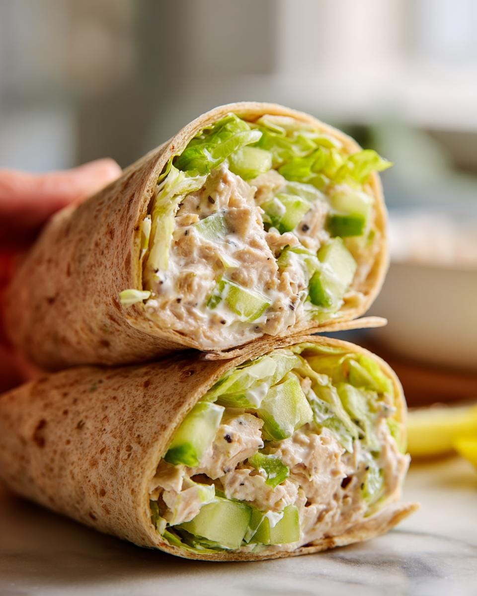 Close-up of a tuna cottage cheese wrap cut in half, revealing creamy tuna salad with cucumber and lettuce.
