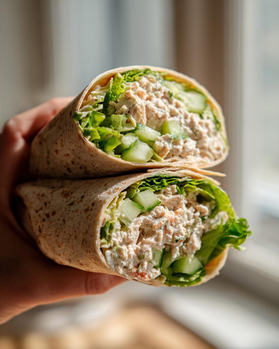 A person holds a halved tuna cottage cheese wrap filled with lettuce, cucumber, and creamy tuna salad.
