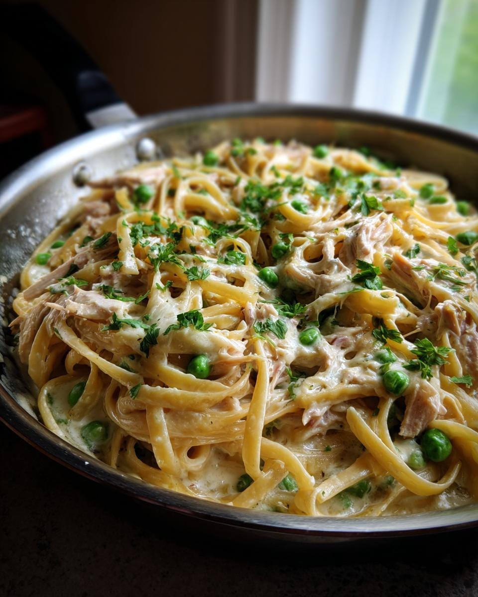 Close-up of a creamy tuna noodle skillet with peas and parsley in a pan.