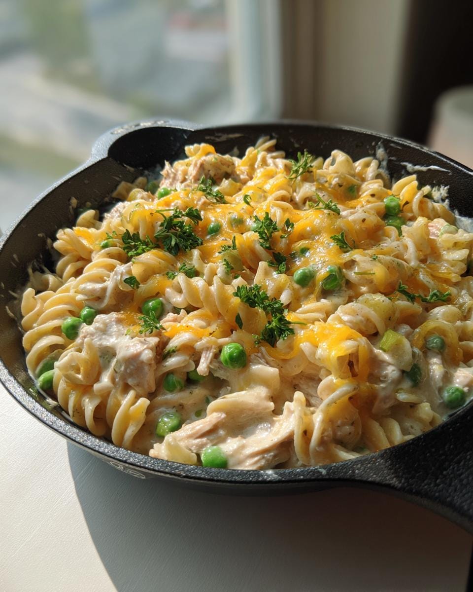 Close-up of a creamy tuna noodle skillet with peas, melted cheddar cheese, and fresh parsley garnish.