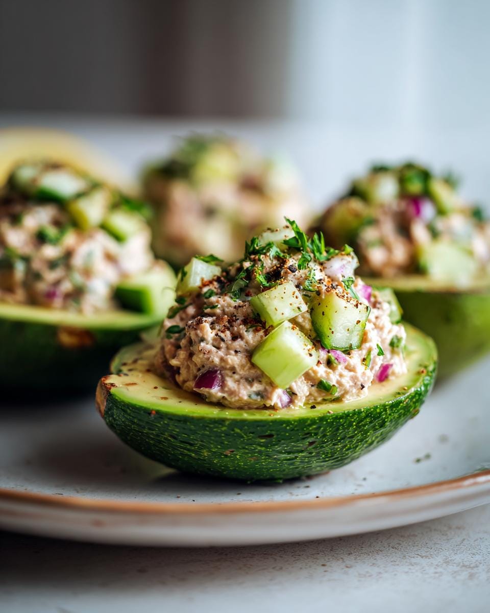 Close-up of a tuna stuffed avocado half, topped with diced cucumber, red onion, and fresh herbs.