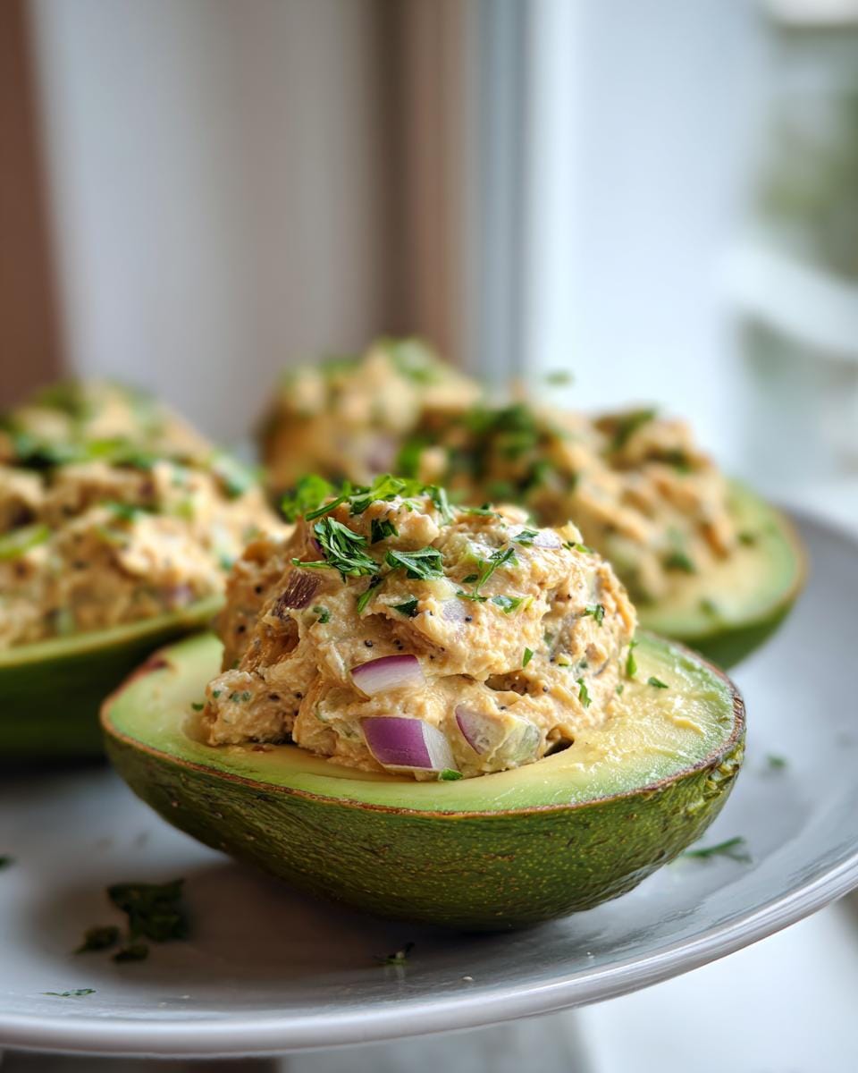 Close-up of tuna stuffed avocado halves, topped with fresh parsley and red onion.