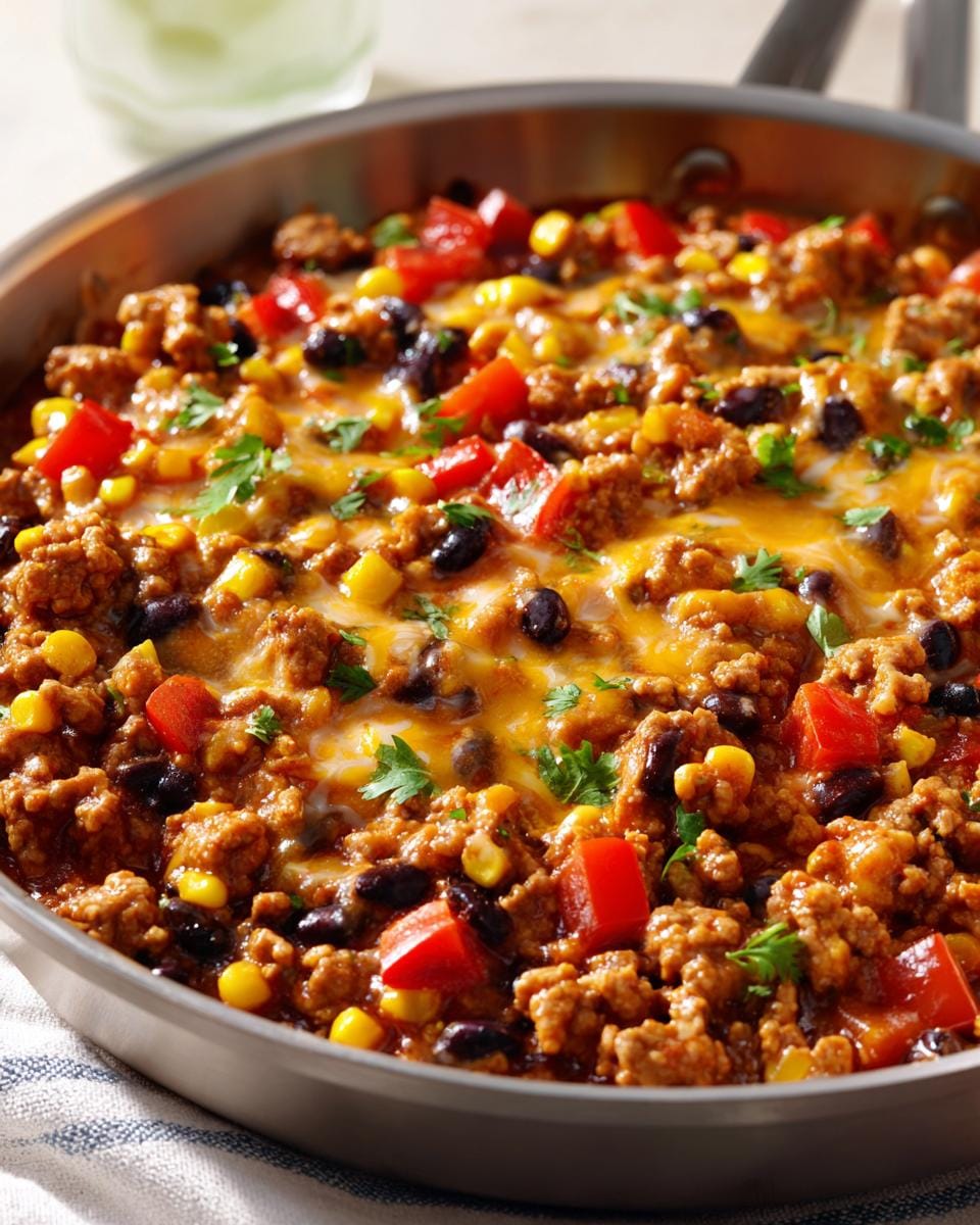 Close-up of a turkey taco skillet filled with seasoned ground turkey, black beans, corn, diced tomatoes, and melted cheese, garnished with cilantro.