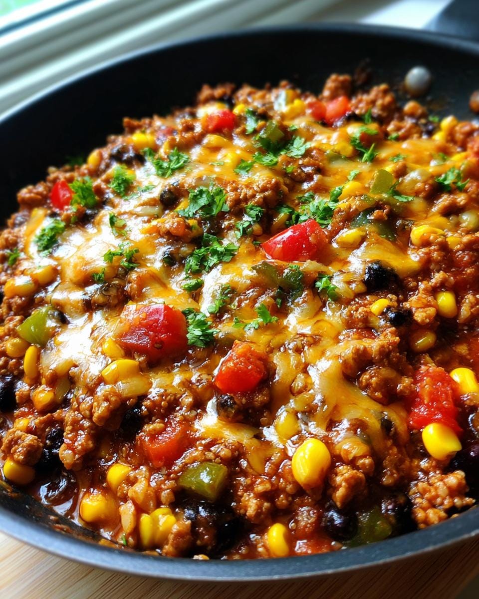 Close-up of a turkey taco skillet filled with ground turkey, black beans, corn, tomatoes, and melted cheese, garnished with parsley.