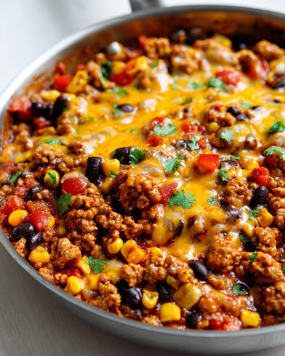 Close-up of a turkey taco skillet filled with ground turkey, black beans, corn, tomatoes, and melted cheese, garnished with cilantro.