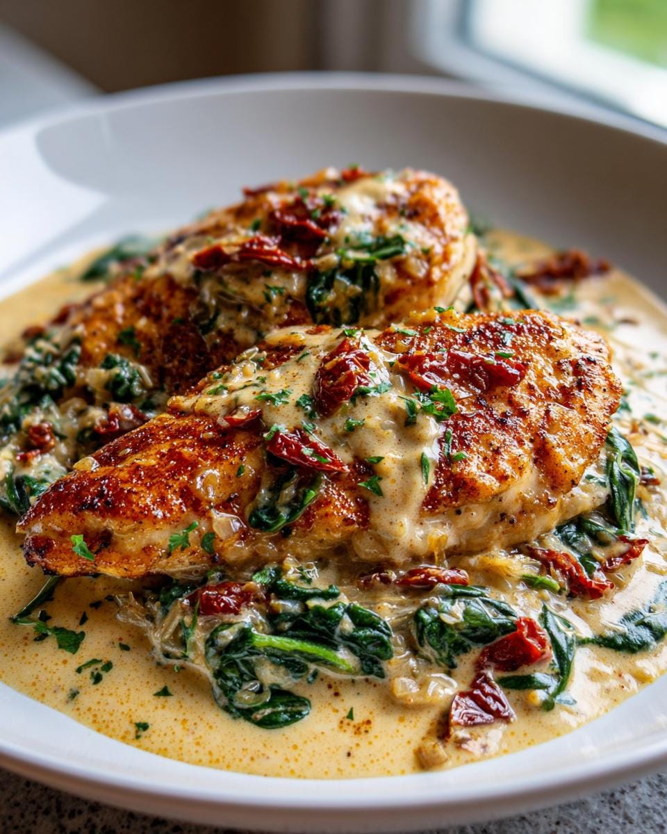 Close-up of two Tuscan Garlic Chicken breasts in a creamy sauce with spinach and sun-dried tomatoes.