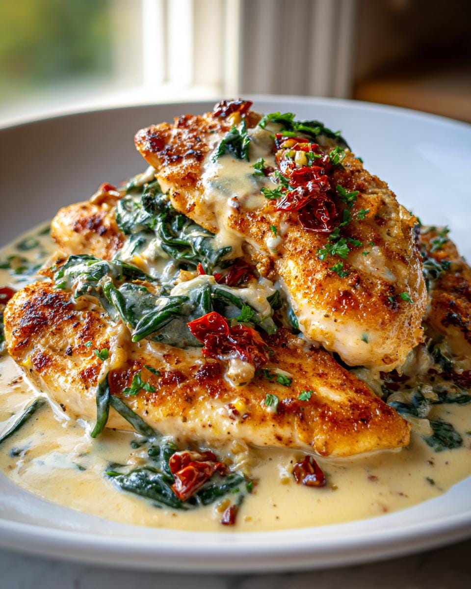 Close-up of golden-brown Tuscan Garlic Chicken breasts served over wilted spinach and a creamy garlic sauce, garnished with sun-dried tomatoes and parsley.