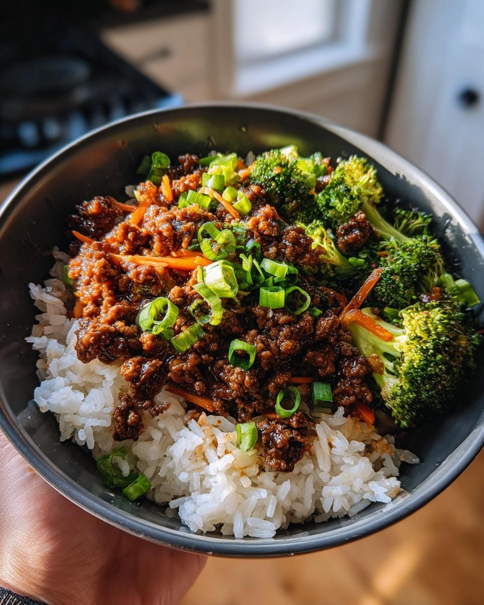 A close-up of a wagyu ground beef protein bowl, featuring fluffy white rice, savory ground beef, steamed broccoli, and shredded carrots, topped with chopped green onions.