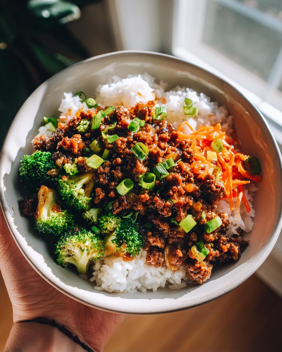 A delicious Wagyu ground beef protein bowl with fluffy white rice, steamed broccoli florets, and shredded carrots, topped with green onions.