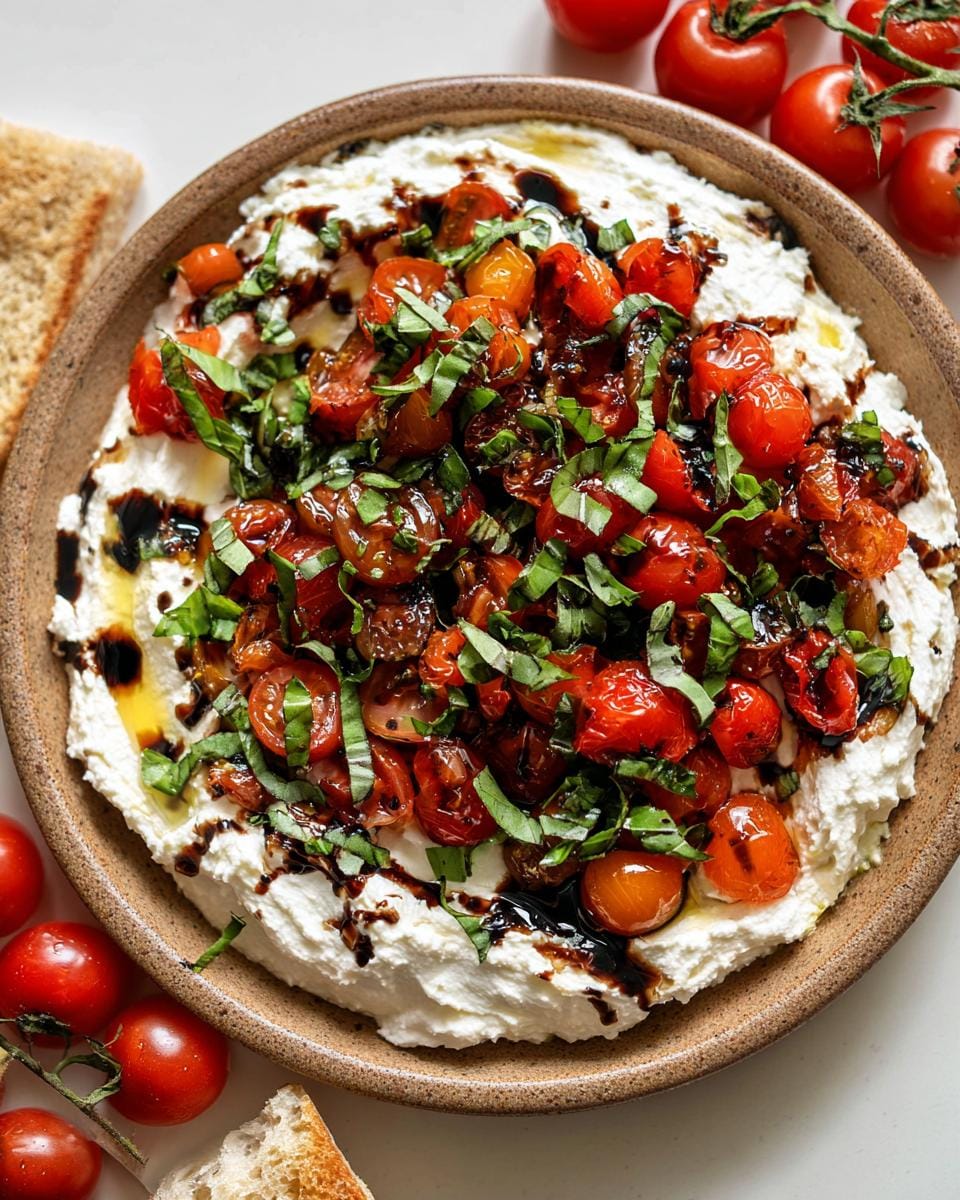 A close-up of 5 Minute Bruschetta Dip with Whipped Feta, topped with blistered cherry tomatoes, fresh basil, and balsamic glaze.