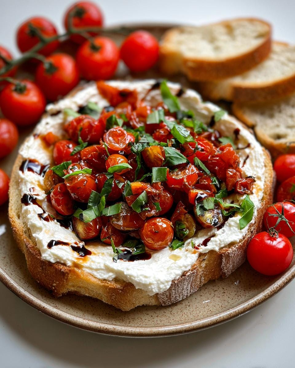 A slice of toasted bread topped with creamy whipped feta, roasted cherry tomatoes, fresh basil, and a balsamic glaze, part of a 5 Minute Bruschetta Dip.