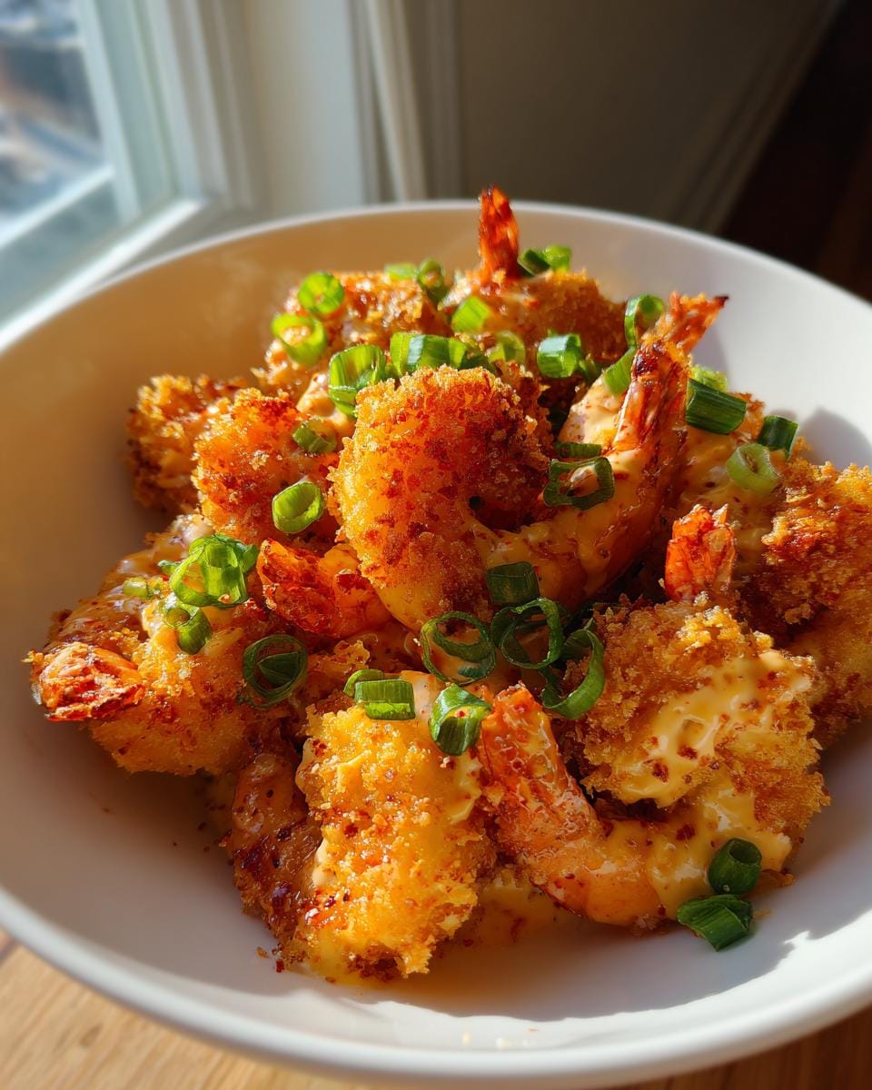 A close-up of a bowl filled with crispy Air Fryer Bang Bang Shrimp, drizzled with sauce and topped with chopped green onions.
