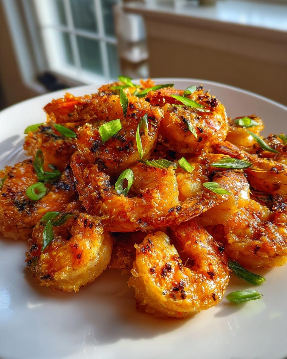 A close-up of a pile of golden-brown Air Fryer Bang Bang Shrimp, garnished with chopped green onions.