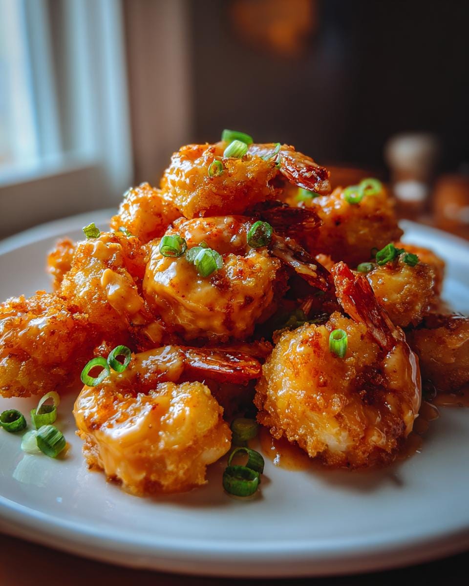 A pile of crispy Air Fryer Bang Bang Shrimp coated in a creamy sauce and garnished with chopped green onions.