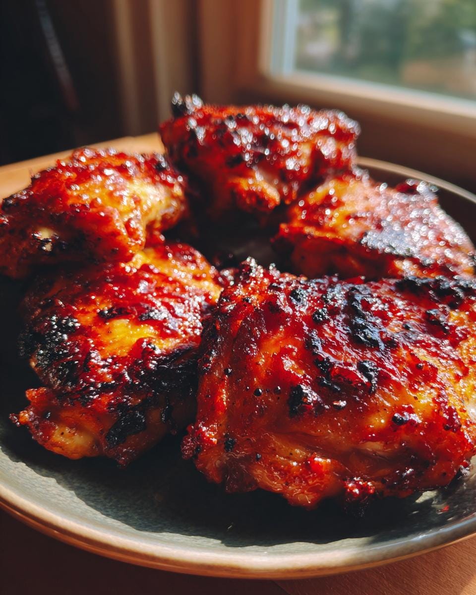 Close-up of delicious Air Fryer BBQ Chicken Thighs, glistening with BBQ sauce and slightly charred.