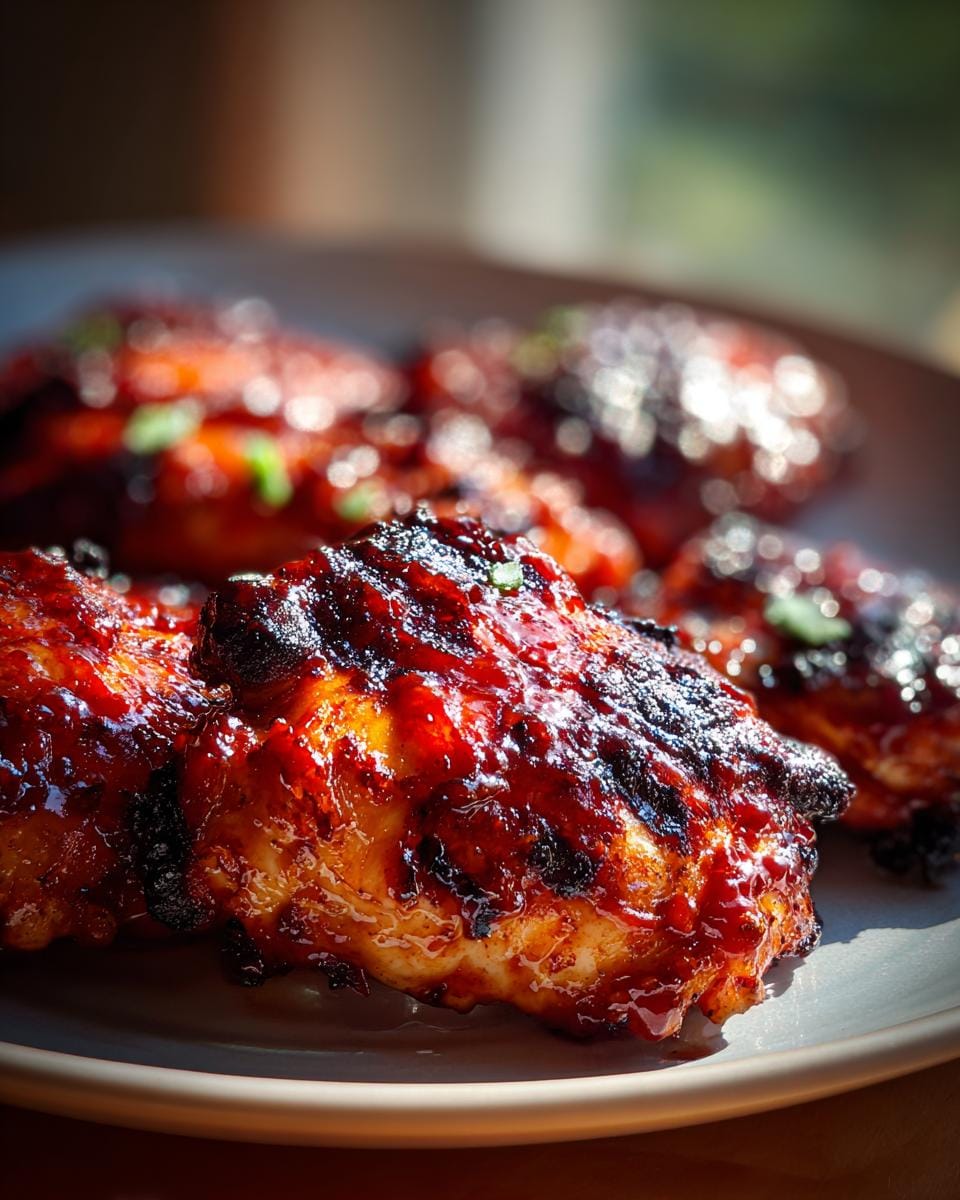 Close-up of glistening Air Fryer BBQ Chicken Thighs, perfectly cooked with a sticky glaze and garnished with herbs.