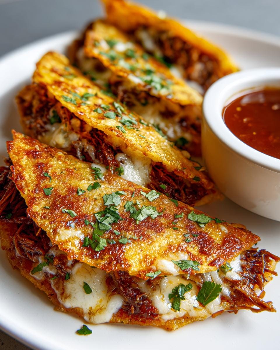 Close-up of crispy Air Fryer Birria Tacos filled with shredded beef and melted cheese, sprinkled with cilantro, served with a side of consommé.