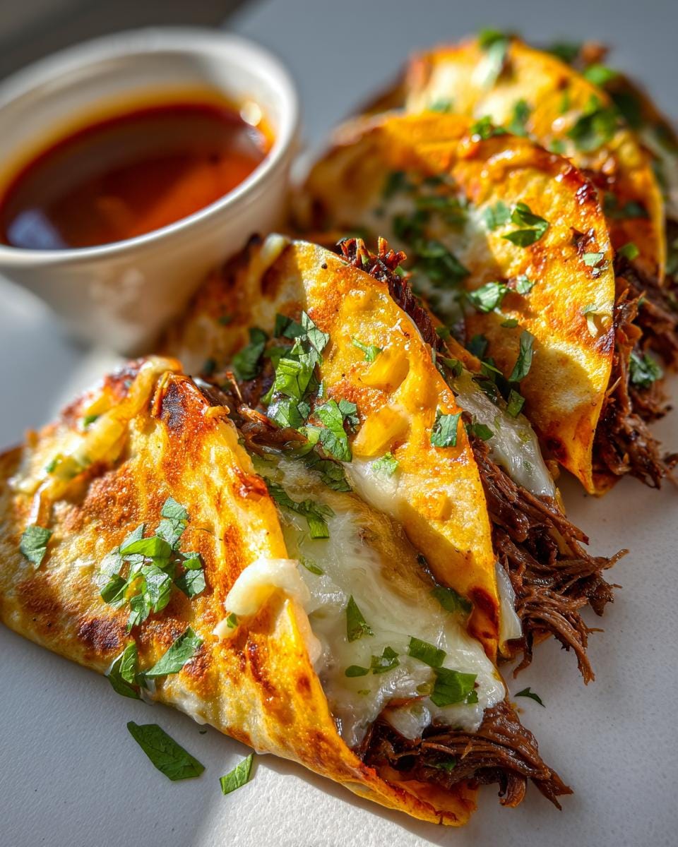 Close-up of crispy Air Fryer Birria Tacos filled with shredded beef and melted cheese, garnished with cilantro, served with a side of consommé.