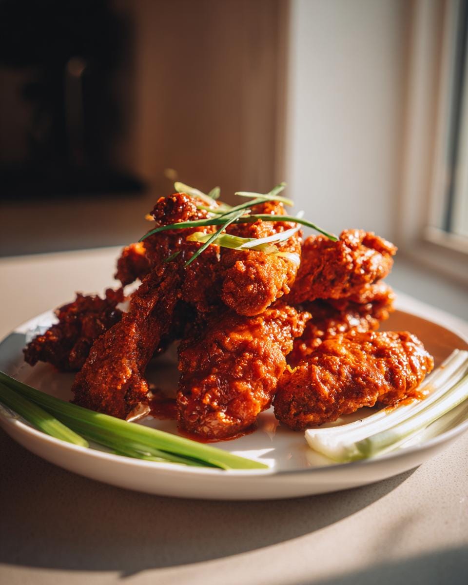 A plate of crispy Air Fryer Buffalo Chicken Tenders coated in spicy buffalo sauce, garnished with green onions and served with celery sticks.