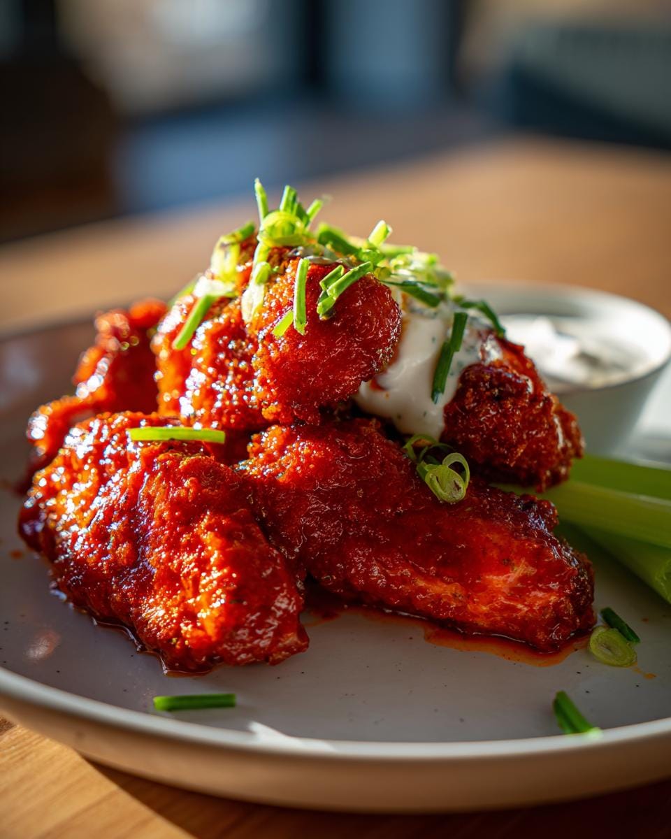 A plate of crispy Air Fryer Buffalo Chicken Tenders coated in spicy buffalo sauce, topped with chives and a dollop of ranch.