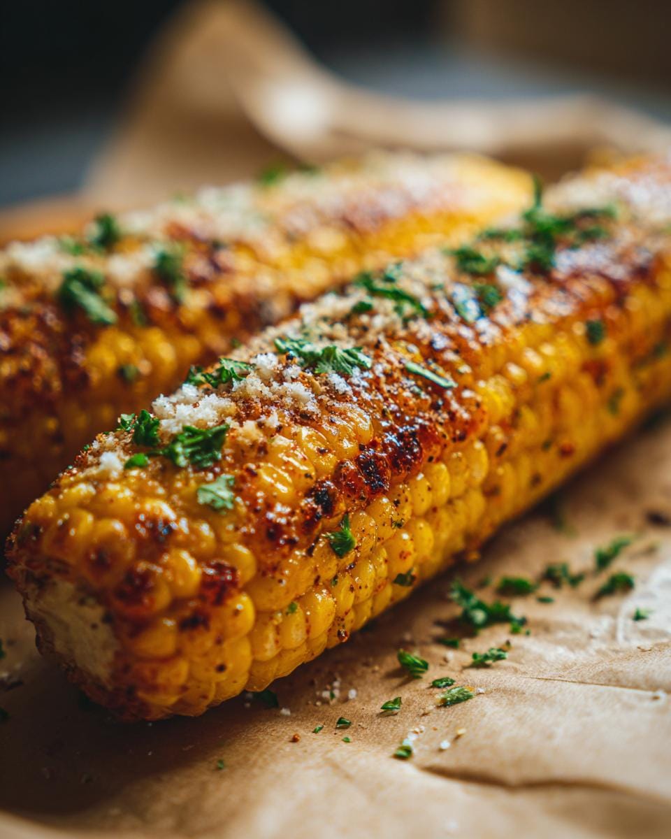 Close-up of two perfectly cooked Air Fryer Corn on the Cob, sprinkled with Parmesan cheese and fresh parsley.