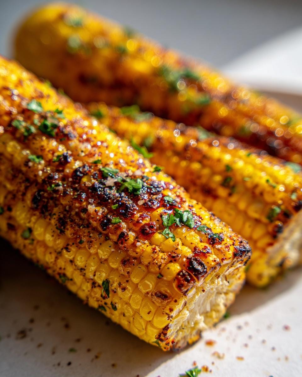 Close-up of perfectly cooked Air Fryer Corn on the Cob, seasoned with spices and fresh parsley.