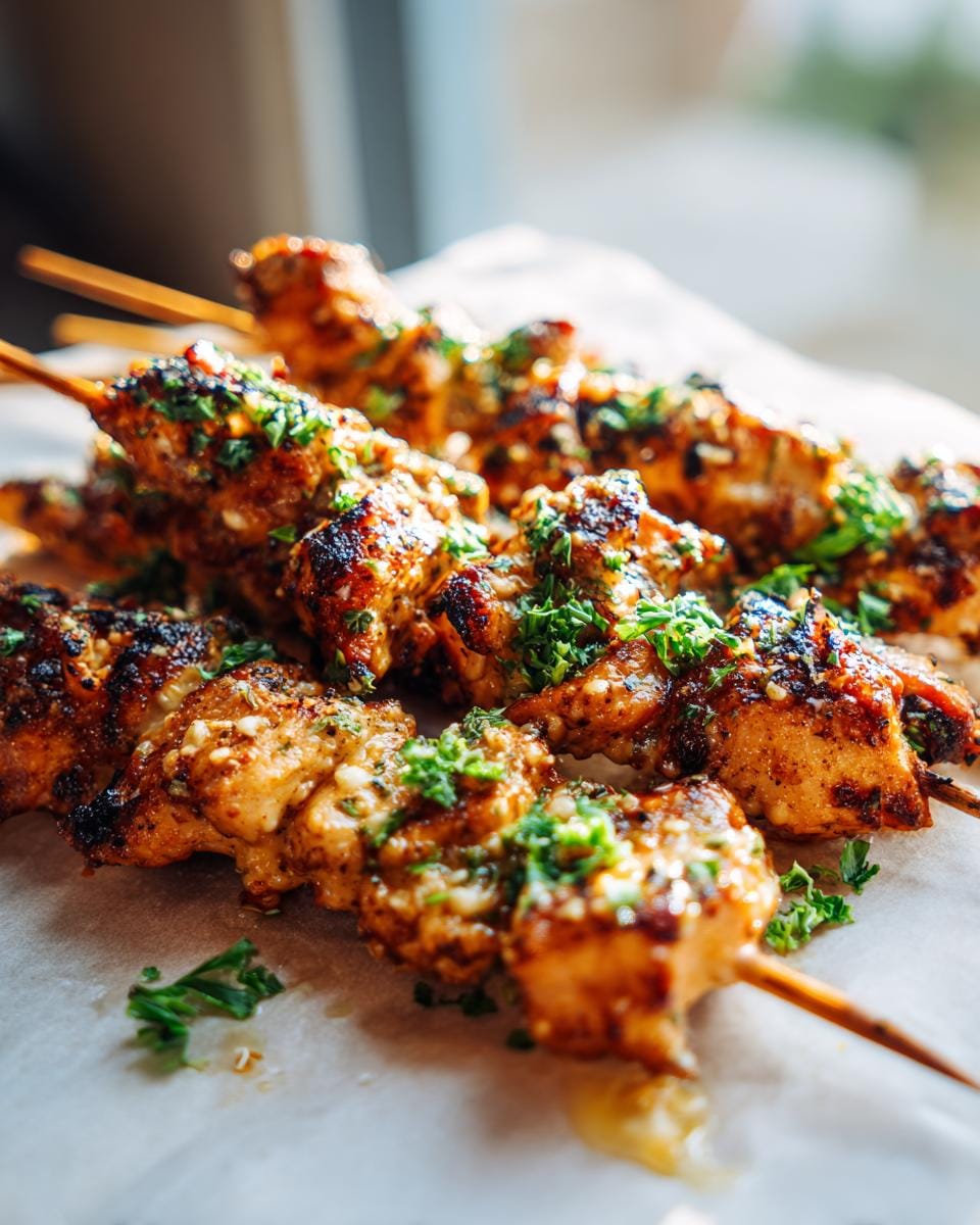 Close-up of Air Fryer Garlic Parmesan Chicken Skewers, glistening with sauce and sprinkled with fresh parsley.