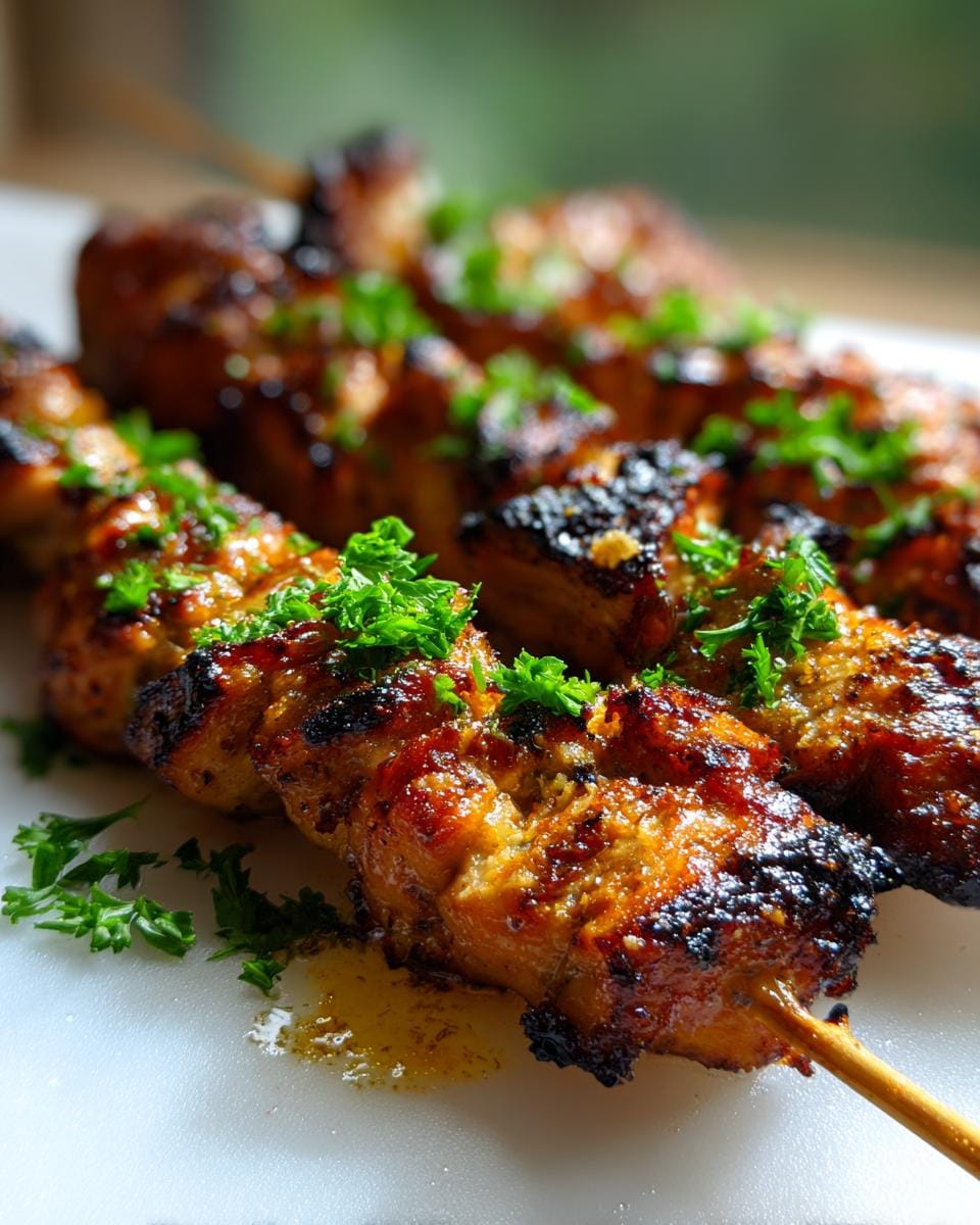 Close-up of golden-brown Air Fryer Garlic Parmesan Chicken Skewers, garnished with fresh parsley.