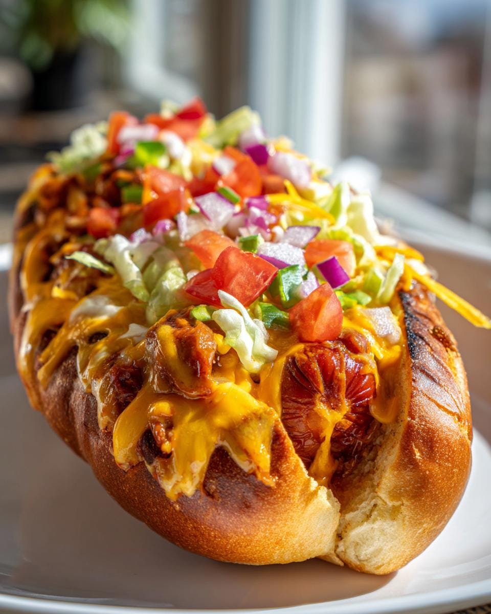A loaded Air Fryer Hot Dog in a bun, topped with chili, melted cheese, lettuce, tomatoes, and onions.