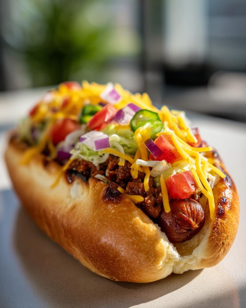 A delicious air fryer hot dog in a bun, topped with chili, cheese, lettuce, tomatoes, onions, and jalapenos.