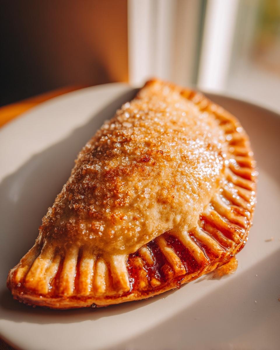 Close-up of a golden-brown Air Fryer Peach Hand Pie, sprinkled with sugar, on a light-colored plate.