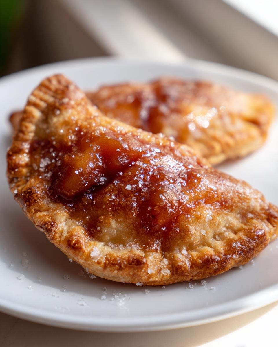 Close-up of two golden-brown Air Fryer Peach Hand Pies sprinkled with sugar on a white plate.