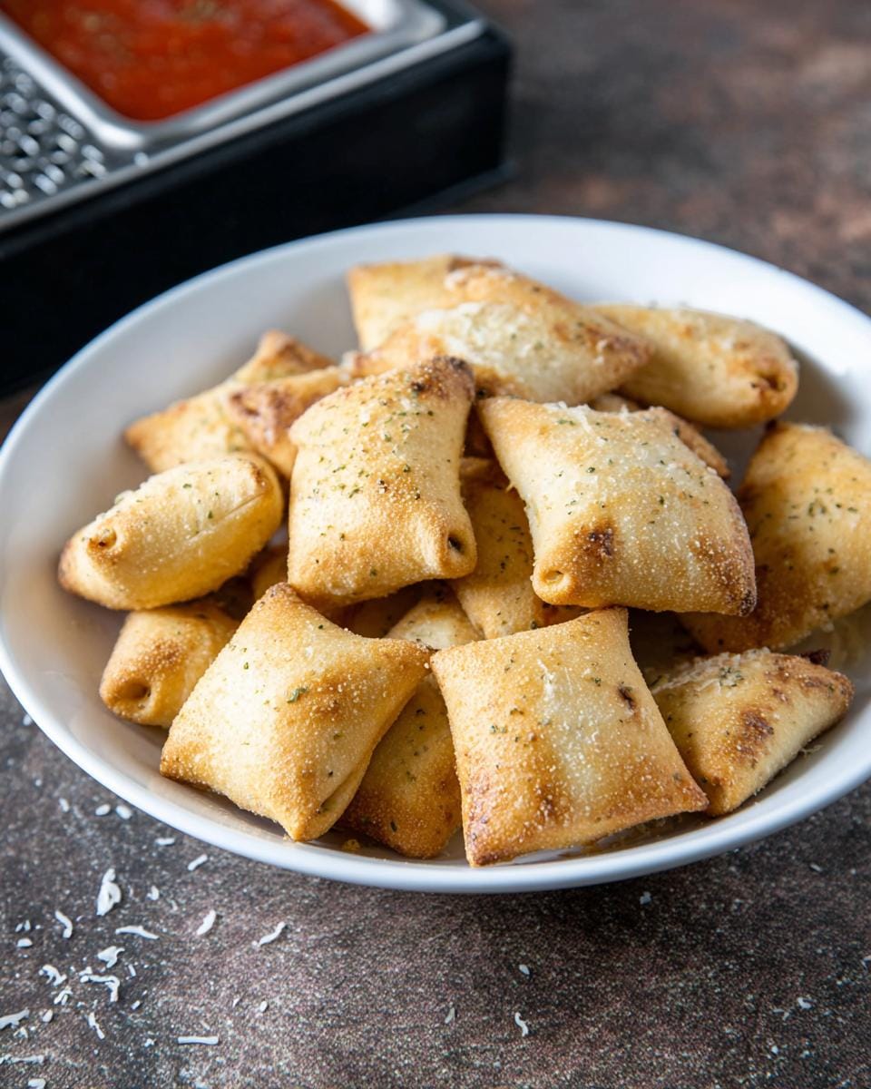 A bowl filled with golden brown, crispy air fryer pizza rolls sprinkled with herbs and cheese.