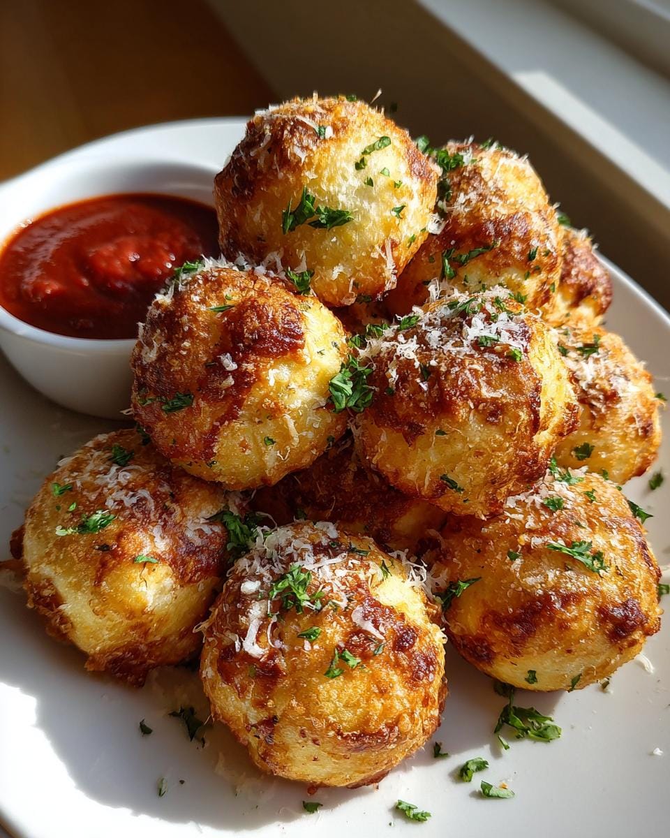 A pile of golden brown Air Fryer Pizza Rolls topped with grated Parmesan cheese and fresh parsley, served with a side of marinara sauce.