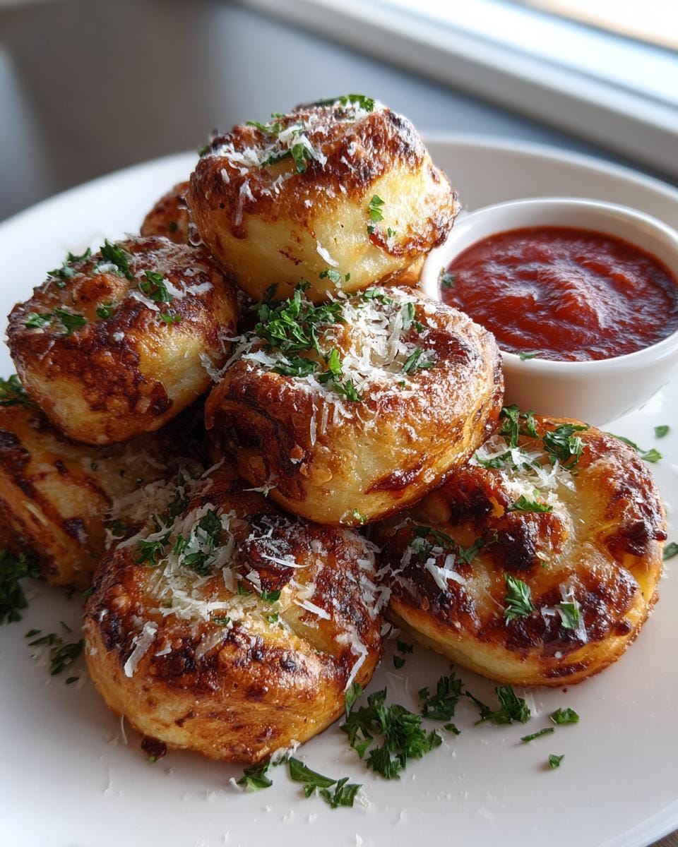 A stack of golden brown Air Fryer Pizza Rolls, sprinkled with Parmesan cheese and parsley, served with a side of marinara sauce.