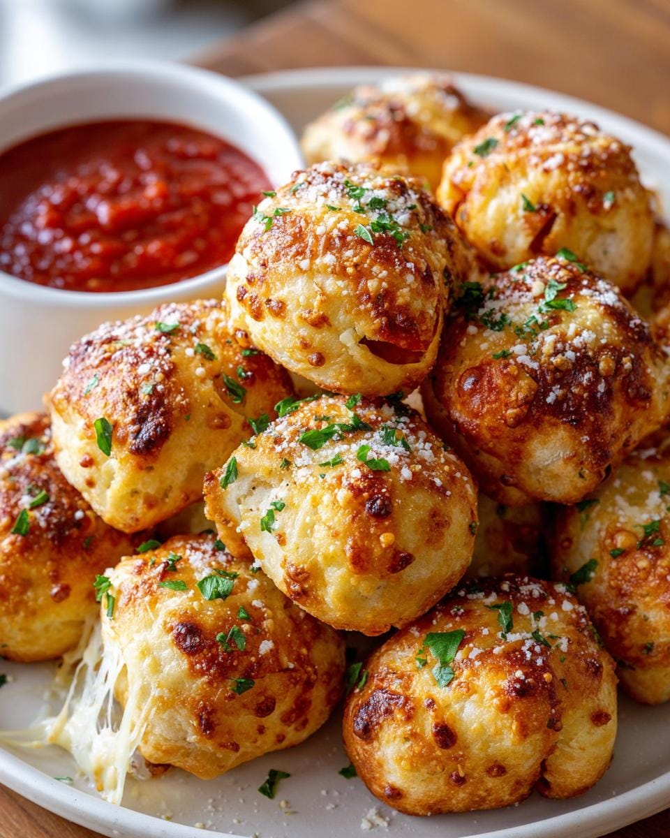 A pile of golden brown Air Fryer Pizza Rolls, sprinkled with Parmesan and parsley, with a side of marinara sauce.